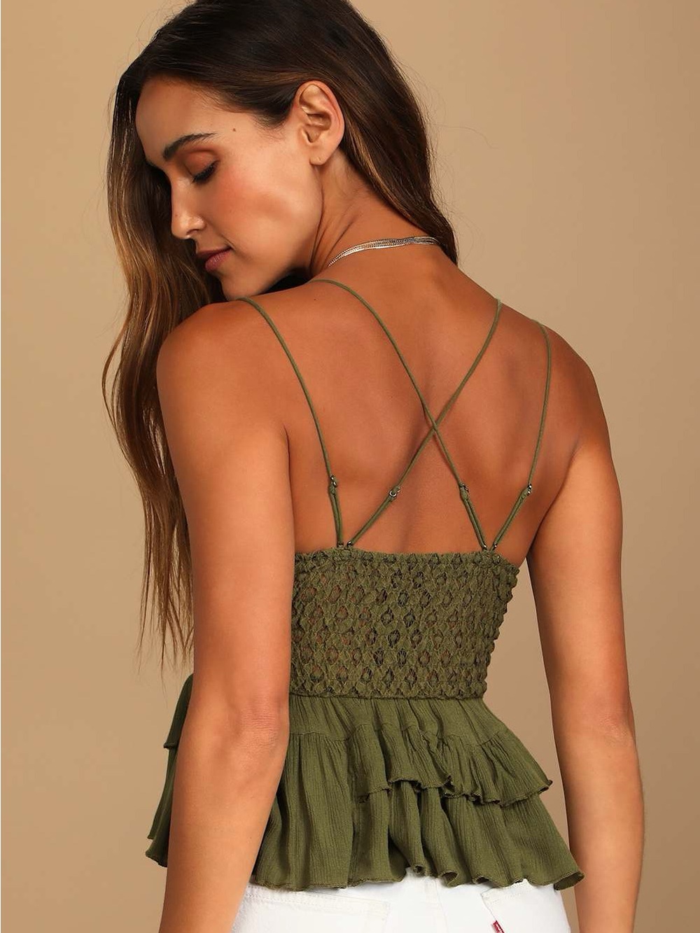Free People Adella Cami Olive Green Lace Ruffled